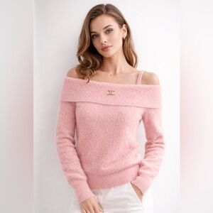 CÉLINE Pink Off-Shoulder Fuzzy Knit Sweater Luxury Designer Made in Italy S/XS